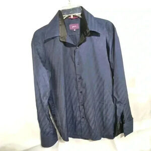 Men's Parx striped Blue shiny shirt sz L / EU 40 black satin trim